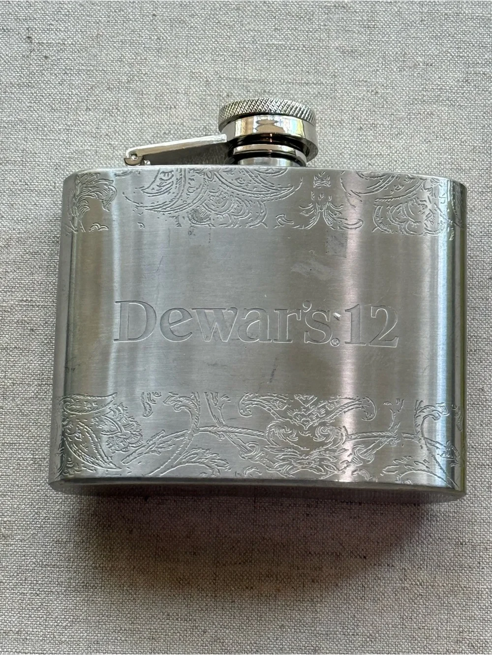 Dewar’s 12 Stainless Steel Hip Flask Etched Dragon Design